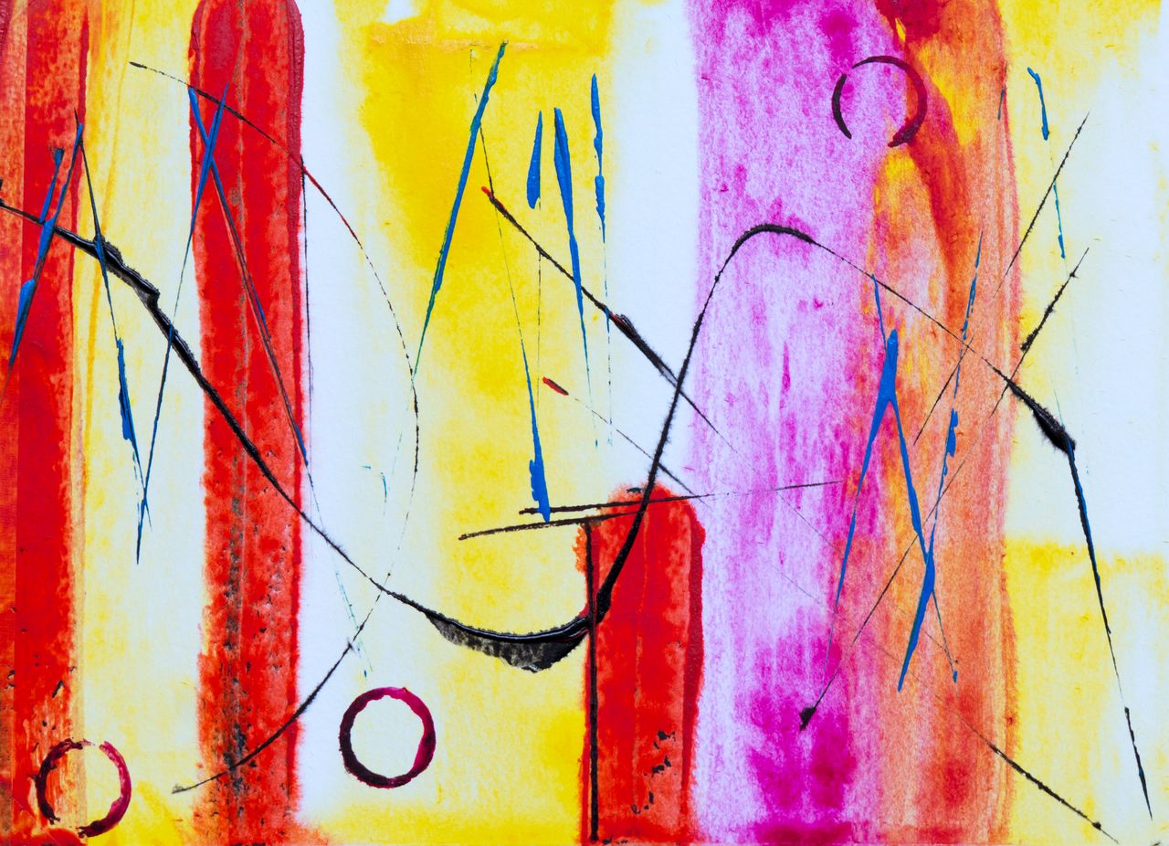 Colorful abstract expressionism artwork with bold splashes of acrylic paint.